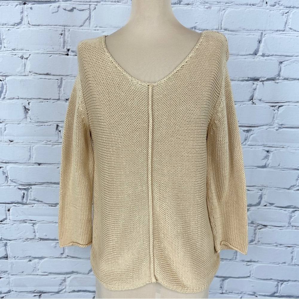 Vtg J Jill Open Knit Sweater Cream Small Petite Cotton Crochet Coastal Beachy